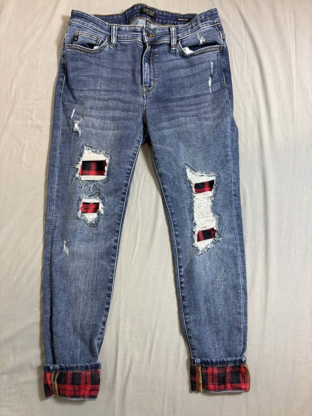 Judy Blue Skinny Fit Jeans Women's 11/30 Blue Red Plaid Patches Distressed Denim